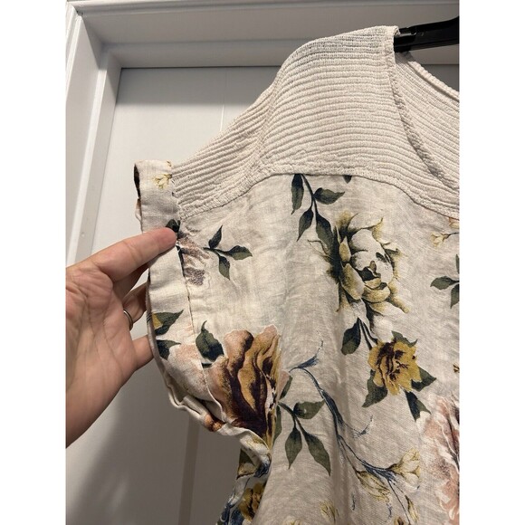 Lungo Larno Made in Italy Tan Floral Linen Cotton Cap Sleeve Top Shirt Size 1X - Picture 2 of 4